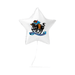 White star-shaped balloon with a logo and text on a white background