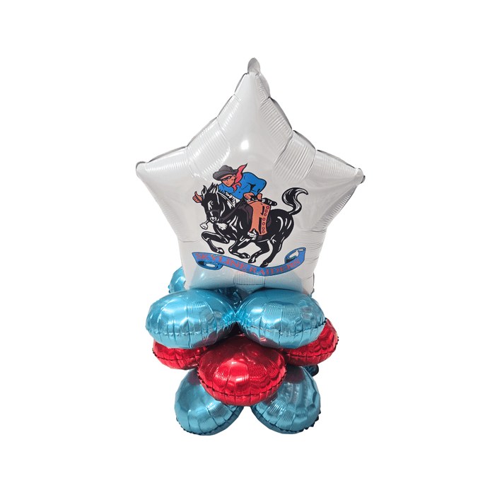 Star-shaped balloon with a cowboy and horse design, surrounded by blue and red balloons on a white background.