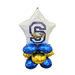 Balloon bouquet with star-shaped balloon featuring a logo and smaller blue and gold balloons on a white background