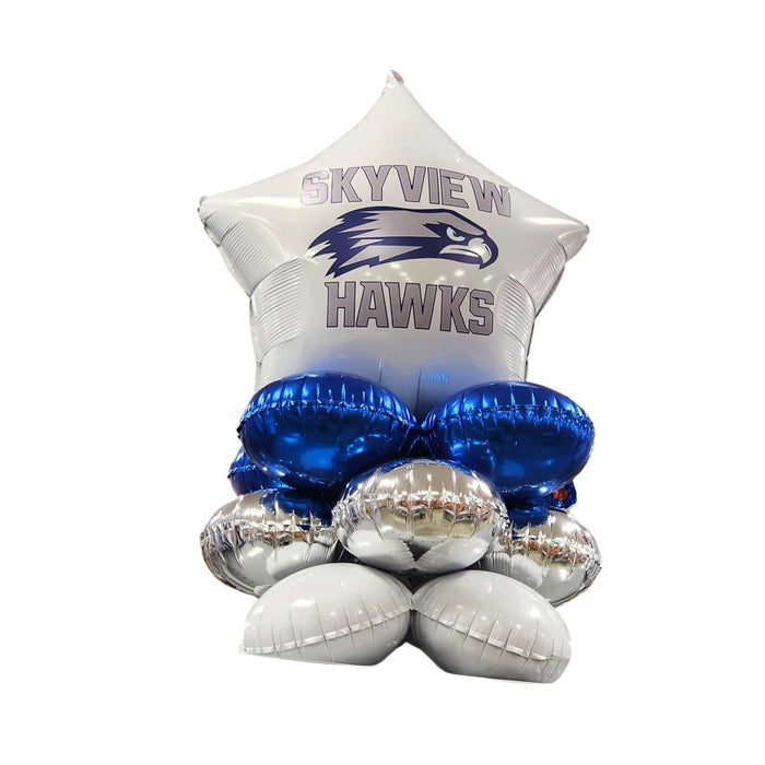 Balloon bouquet with 'Skyview Hawks' text and logo on a white background