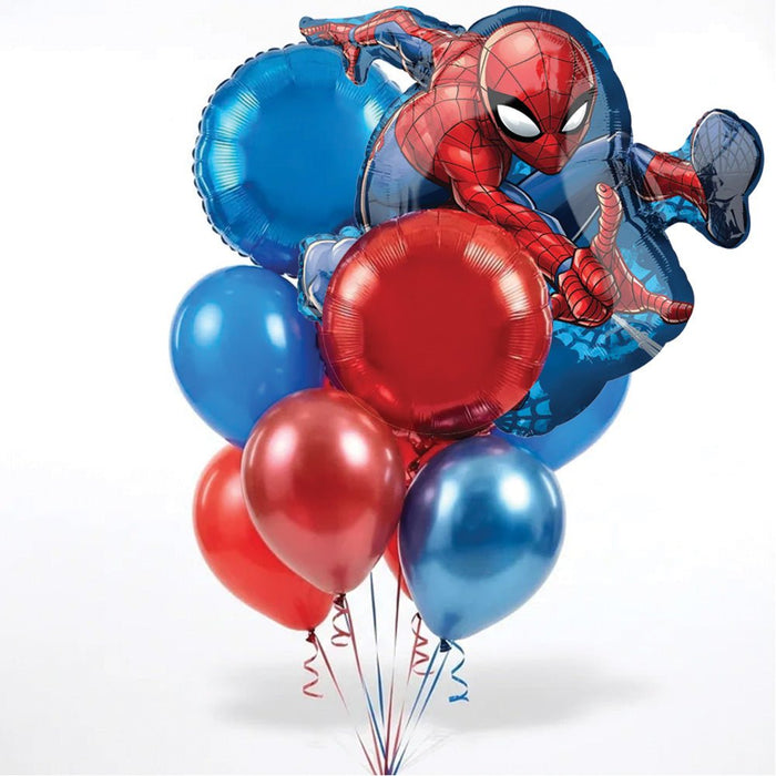 Spider-Man balloon bouquet featuring a large Spider-Man action pose foil balloon, red and blue round foil balloons, and red, blue, metallic red, and metallic blue latex balloons with curling ribbons.