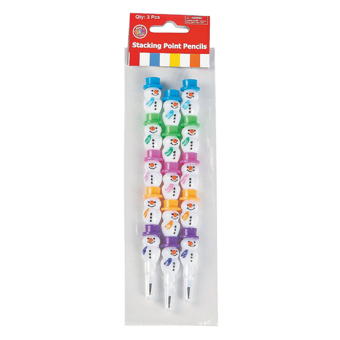 Pack of 3 Stacking Snowman Pencils.  Each pencil is 5.5" tall and contains 5 individual stacking pieces.  Each peice is a snowman with a different colored hat and scarf on the snowman.