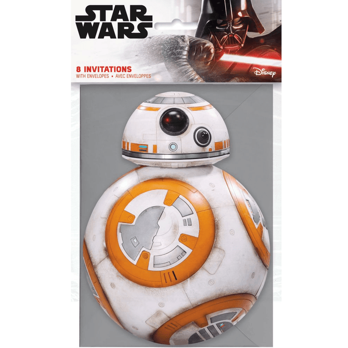 Star Wars BB-8 robot invitation card packaging with Darth Vader in the background