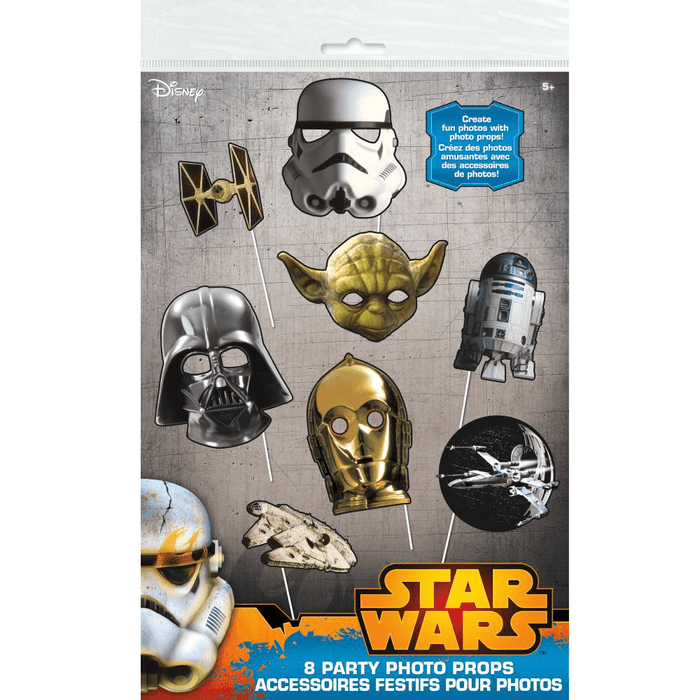 Star Wars party photo props packaging with various character masks on sticks.