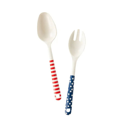 Stars And Stripes Salad Spoon And Fork Reusable Bamboo Serving - ware | 1 set - Zurchers