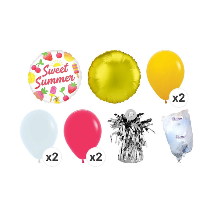Sweet Summer mini balloon bouquet product kit image showing a round fruit-themed “Sweet Summer” foil balloon, a lemon yellow round foil balloon, 2 yellow latex balloons, 2 white latex balloons, 2 hot pink latex balloons, a matching balloon weight, and a balloon transport bag.