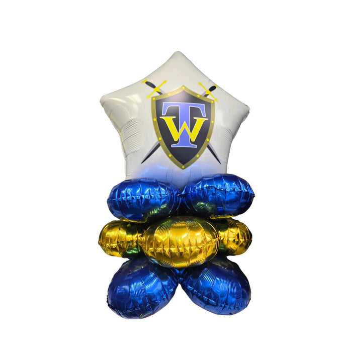 Decorative balloon with blue and gold elements and a logo on a white background