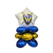 Decorative balloon with blue and gold elements and a logo on a white background