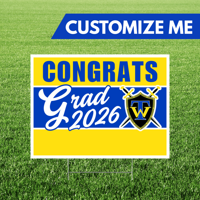 Graduation-themed customizable sign with 'Congrats Grad 2026' on a grass background