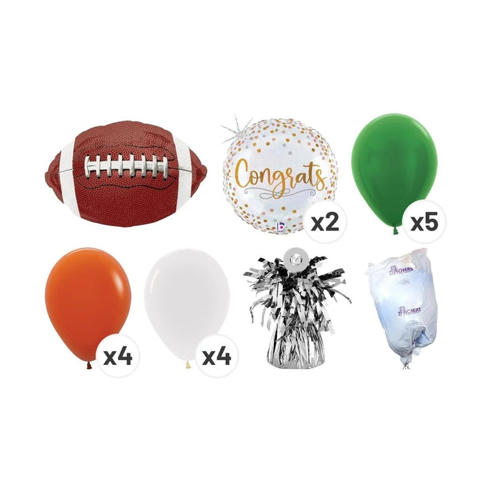 Football celebration balloon bouquet product kit image showing a football-shaped foil balloon, 2 white and gold “Congrats” foil balloons, 5 green latex balloons, 4 burnt orange latex balloons, 4 white latex balloons, a matching balloon weight, and a balloon transport bag.