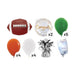 Football celebration balloon bouquet product kit image showing a football-shaped foil balloon, 2 white and gold “Congrats” foil balloons, 5 green latex balloons, 4 burnt orange latex balloons, 4 white latex balloons, a matching balloon weight, and a balloon transport bag.