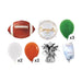 Football celebration mini balloon bouquet product kit image showing a football-shaped foil balloon, a white and gold “Congrats” foil balloon, 3 green latex balloons, 2 white latex balloons, 2 orange latex balloons, a matching balloon weight, and a balloon transport bag.