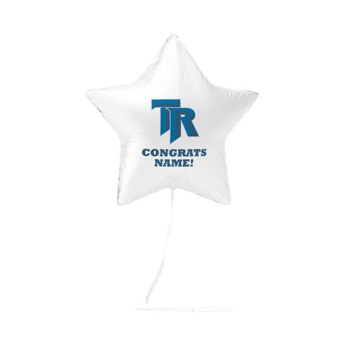 White star-shaped balloon with blue logo and text on a white background