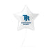 White star-shaped balloon with blue logo and text on a white background