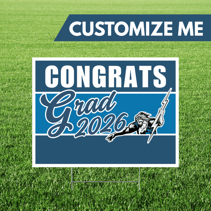 Graduation-themed customizable sign with 'Congrats Grad 2026' on a grass background