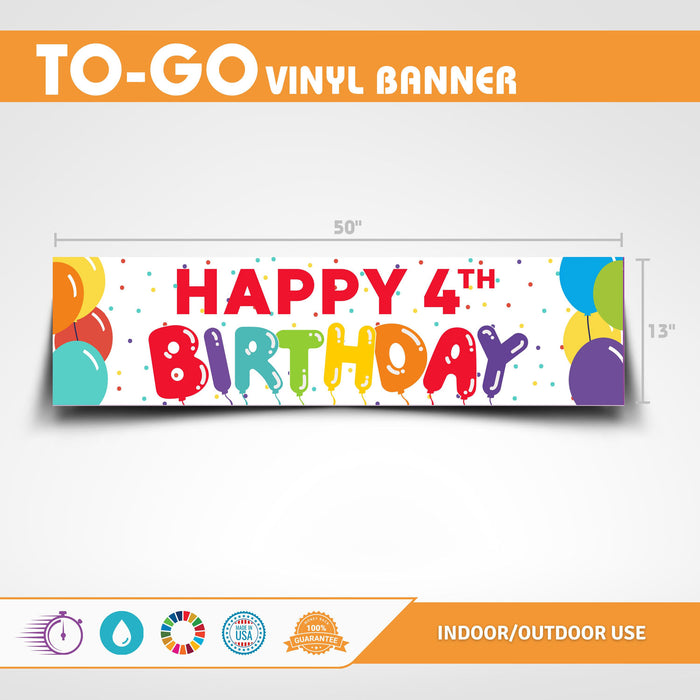 A 50" x 13" Happy Birthday Balloons Age To-Go Banner showing the age 4.