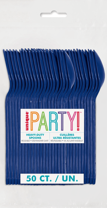 Package of true navy heavy-duty plastic spoons, 50 count, with a clear wrapper and colorful “unique PARTY!” label.