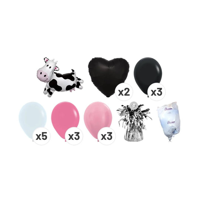 Udderly Adorable balloon bouquet product kit image showing a cow-shaped foil balloon, 2 black heart-shaped foil balloons, 3 black latex balloons, 5 white latex balloons, 3 pearl pink latex balloons, 3 bubble gum pink latex balloons, a matching balloon weight, and a balloon transport bag.