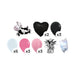 Udderly Adorable balloon bouquet product kit image showing a cow-shaped foil balloon, 2 black heart-shaped foil balloons, 3 black latex balloons, 5 white latex balloons, 3 pearl pink latex balloons, 3 bubble gum pink latex balloons, a matching balloon weight, and a balloon transport bag.