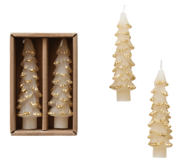Unscented Tree Shaped Taper Candles w/ Gold Tips in Box, Eggnog Color, Set of 2 | 1ct - Zurchers