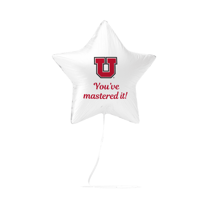 White star-shaped balloon with red text and logo on a white background
