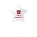 White star-shaped balloon with red text and logo on a white background