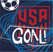 USA soccer beverage napkin featuring a navy background with bold red “USA” lettering, large white “Goal!” text, a soccer ball graphic, and blue motion-line accents.