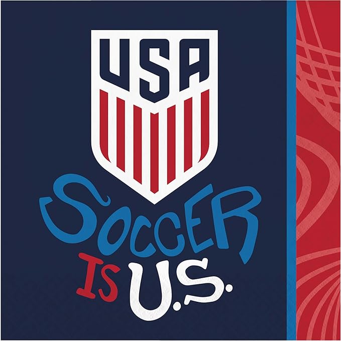 USA soccer lunch napkin featuring the USA shield logo on a navy background with blue “Soccer” lettering, red and white “Is U.S.” lettering, and a red side panel with blue accent stripe.