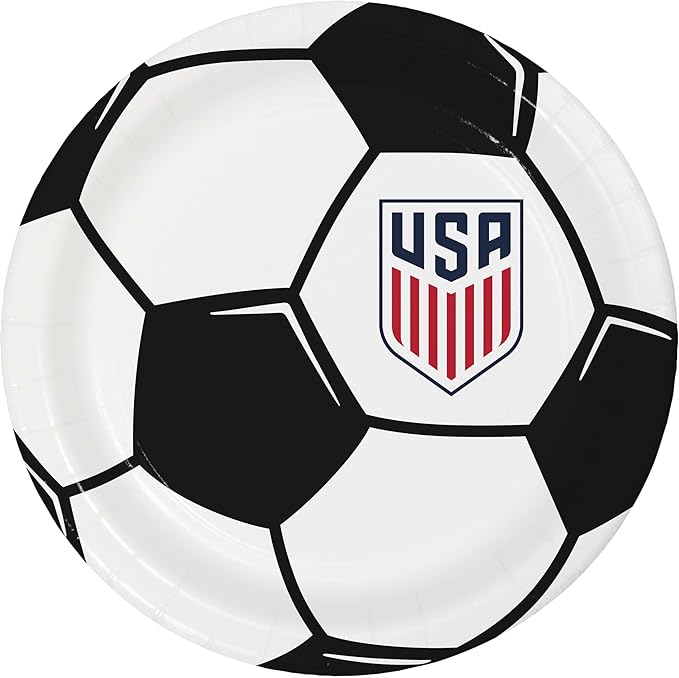 USA soccer paper plate designed like a black-and-white soccer ball, featuring the USA shield logo on one panel.