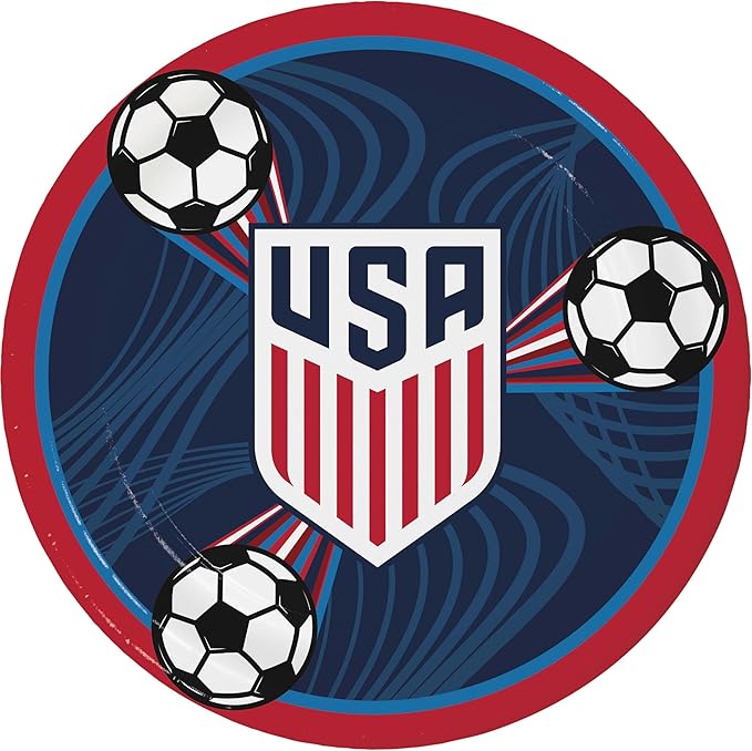  USA soccer paper plate featuring a navy background with the USA shield logo, three soccer ball graphics, a red rim, and blue motion-line accents.