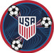  USA soccer paper plate featuring a navy background with the USA shield logo, three soccer ball graphics, a red rim, and blue motion-line accents.