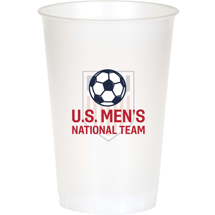 White U.S. Men’s National Team soccer plastic cup featuring a navy soccer ball graphic, red “U.S. Men’s National Team” lettering