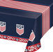 USA soccer table cover featuring a navy background with USA shield logos and a red “Goal!” border with soccer ball graphics, plus red and white striped accents.