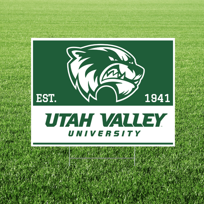 Utah Valley University logo on a green grass background