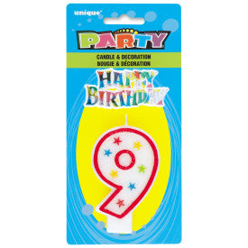 Number 9 Glitter Birthday Candle w/Cake Decoration | 1ct