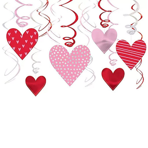 Valentine's Metallic Pink & Red Patterned Heart Cardstock & Foil Swirl Decorations | 12ct - Zurchers