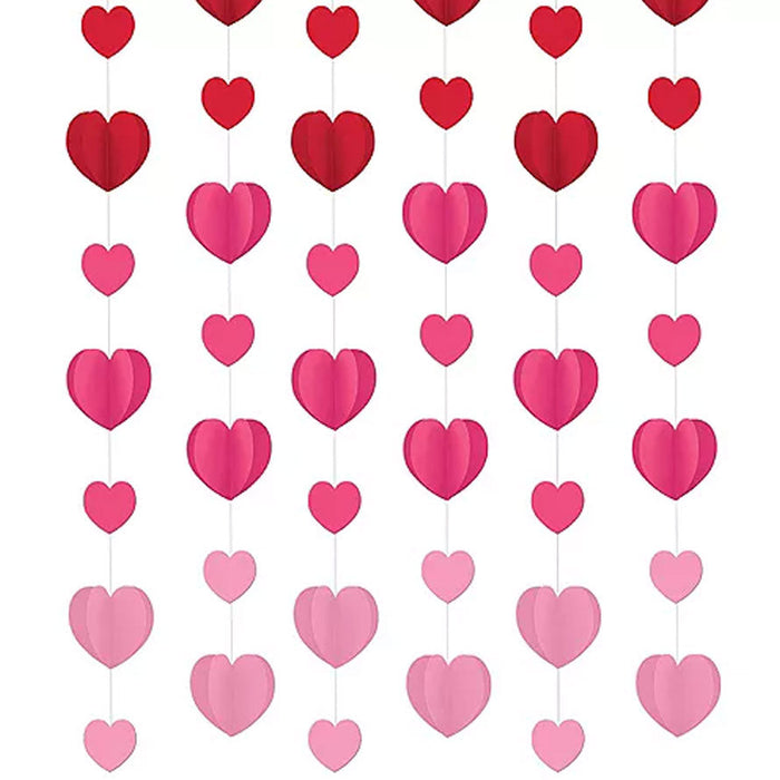 Valentine's Red & Pink Dimensional Heart Paper String Decorations, 7ft | 12ct