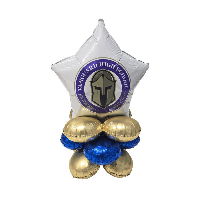 Balloon bouquet with Vanguard High School logo on a white background