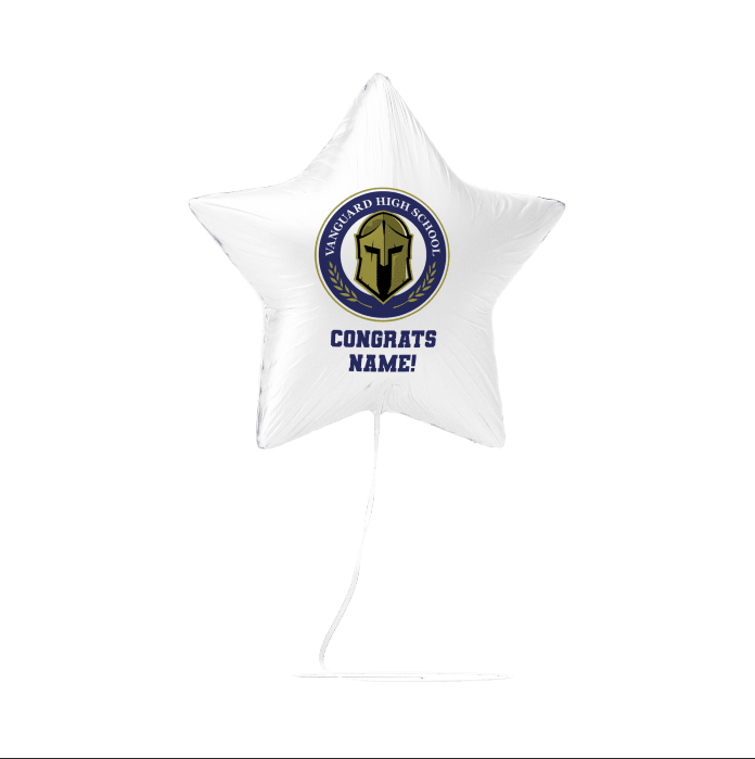 White star-shaped balloon with a logo and text on a white background