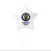 White star-shaped balloon with a logo and text on a white background