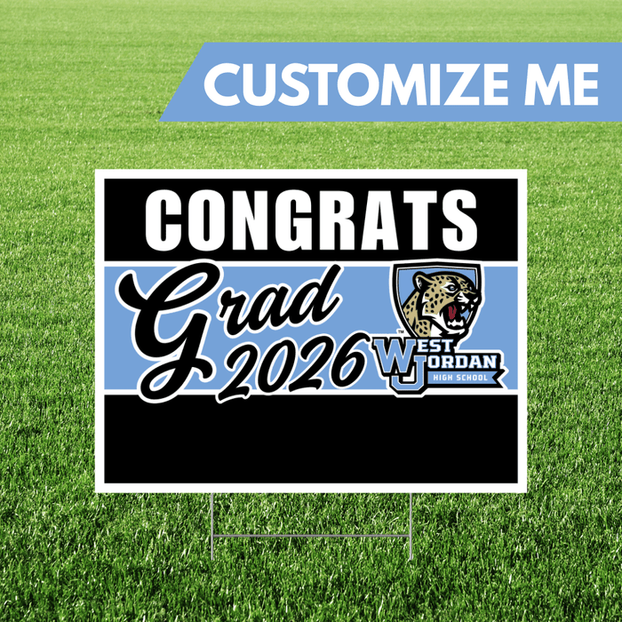 Graduation-themed customizable sign with 'Congrats Grad 2026' text on a grass background