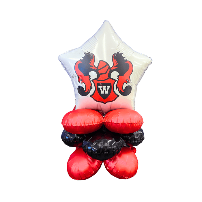 Decorative balloon with a star-shaped top section featuring a logo and red, black, and white balloons below on a white background.