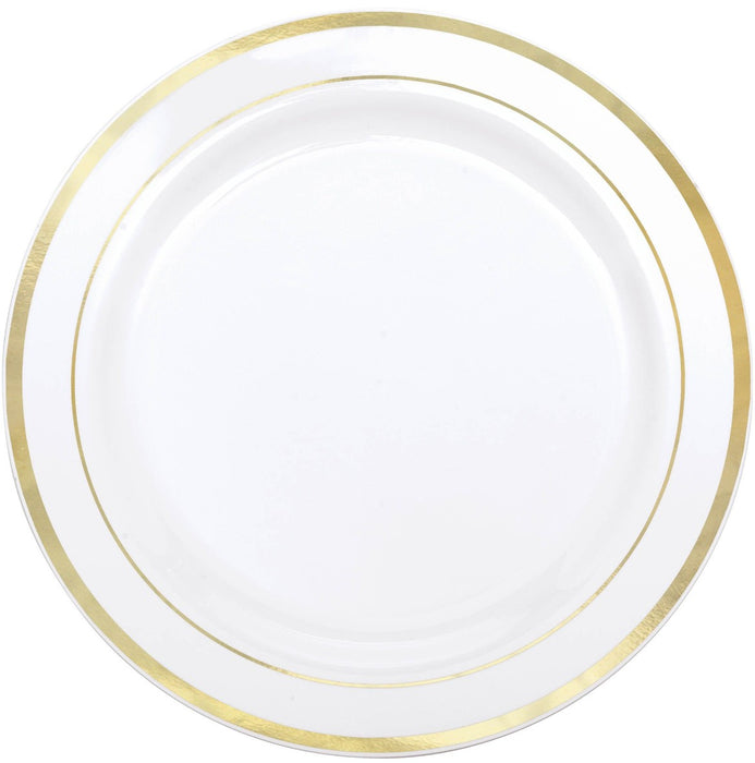 White Hard Plastic Plates W/Gold Trim 10.25" | 8ct