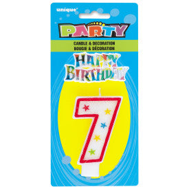 Number 7 Glitter Birthday Candle w/Cake Decoration | 1ct