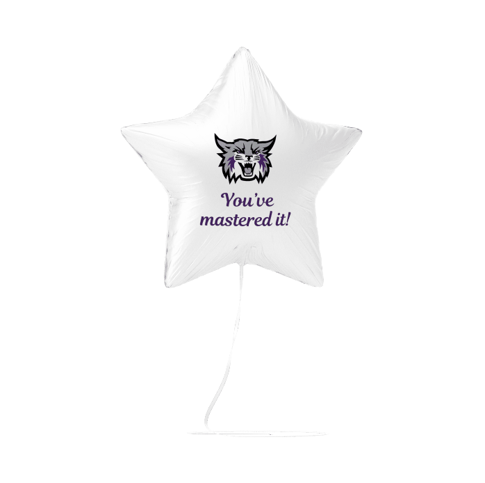 White star-shaped balloon with a graphic of a wolf and text 'You've mastered it!' on a white background
