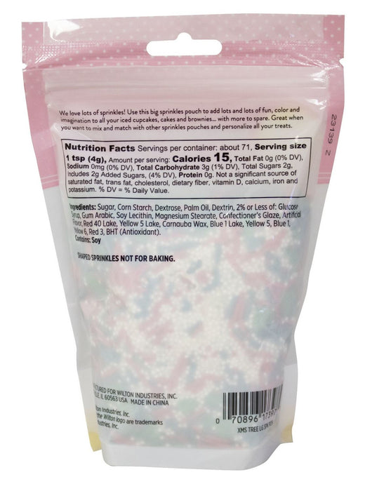 The back package of Christmas Sprinkle Mix Tree Large Pouch 10 Oz.  The image shows Nutritional information.
