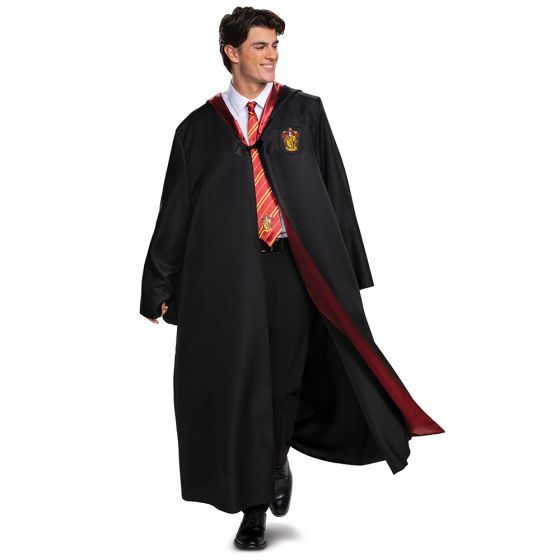  The Harry Potter Adult Deluxe Gryffindor Robe features a black robe with a Gryffindor Lion crest and red satin-lined hood and lapels.