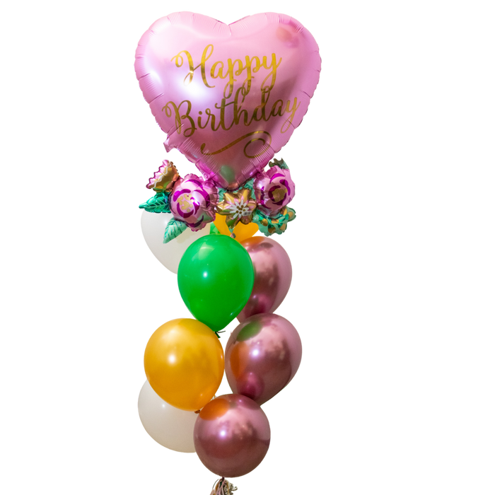 Birthday Satin Heart W/Flowers Basic Bouquet