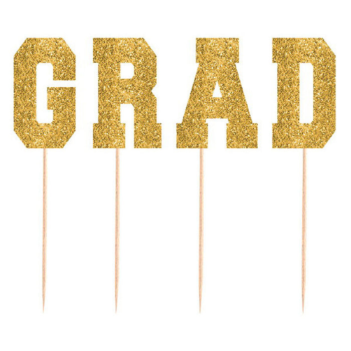 Graduation Tall Glitter Gold Grad Party Picks 7.5" | 4pc