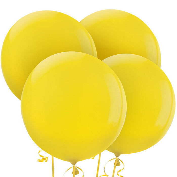 Four inflated yellow 24 inch balloons with yellow strings attached.
